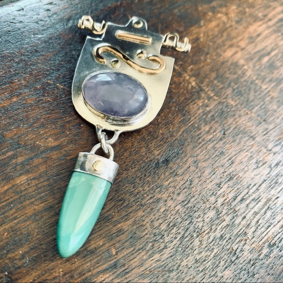 Vintage Southwestern Sterling Pin or Pendant, 14k Gold, Turquoise and Amethyst - Picture 1 of 17
